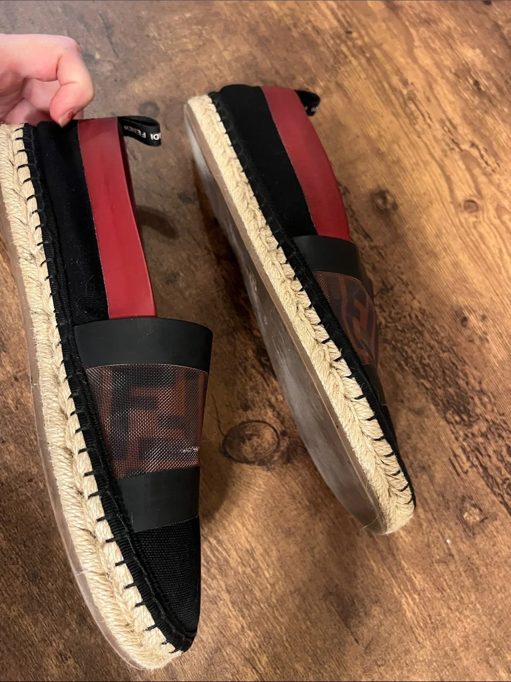 Fendi Black and Red Espadrille Slip-On Shoes